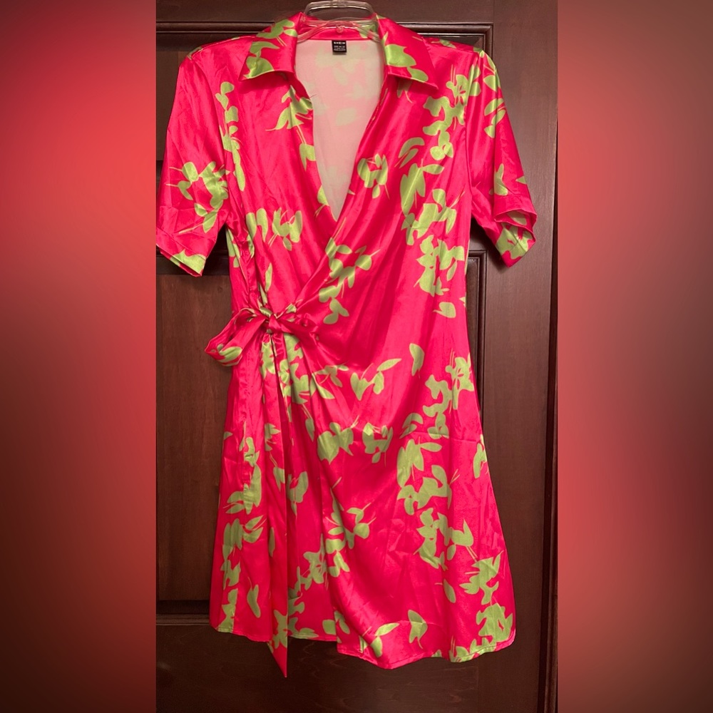 Beautiful Pink and Green Faux Wrap Dress. Size 8